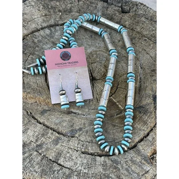 Navajo Sterling Silver Turquoise Handmade Beaded Necklace & Earrings Set - Picture 6 of 8